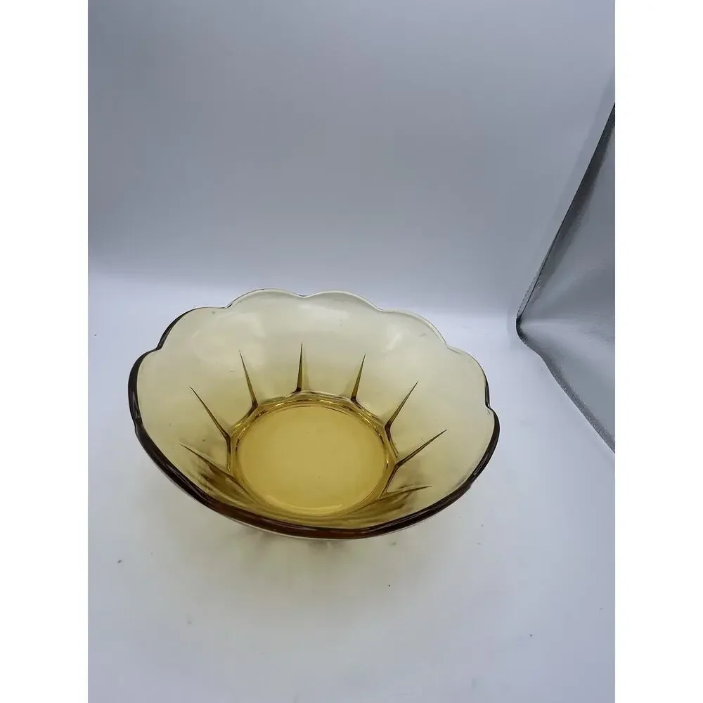 Anchor Hocking 1960s Paneled Amber Glass Bowl Scalloped Edge Yellow Gold Vintage